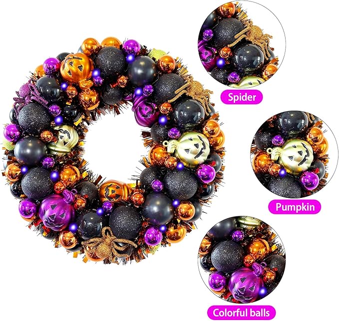 13.8 Inch Halloween Ball Wreath for Front Door with Lights, Lighted Cute Treat-or-Trick Door Wreath Ball Ornament for Halloween Indoor Decorations Centerpiece Party Holiday Wall Home Decor-HomvellaHome