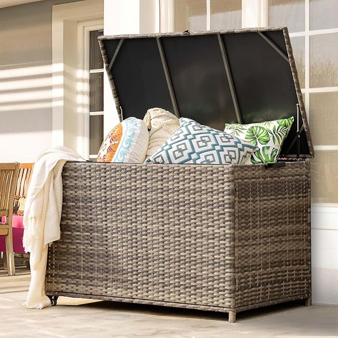 178 Gallon Outdoor Storage Box, Patio Deck Box with 2 Wheels, Handle Large Portable Wicker Rattan Deck Box for Patio Furniture Cushions, Throw Pillows, Garden Tools and Pool Floats (Gray)-HomvellaHome