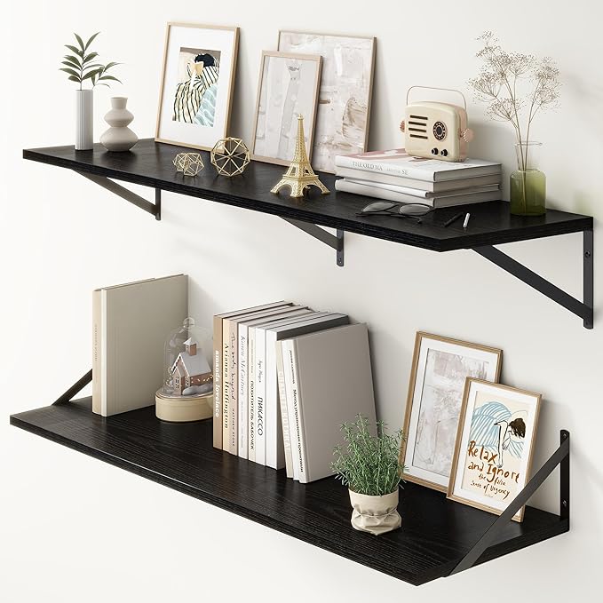 12 Inch Deep Floating Shelves, Black Floating Shelves 48W x 12D, Deep Wall Shelves Bracket Set of 2, Large Display Hanging Floating Shelf for Bathroom, Living Room, Wide Storage Wooden Wall Shelf-HomvellaHome