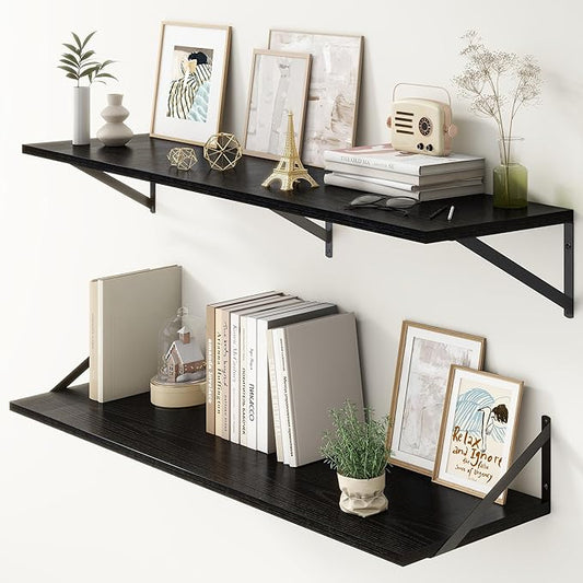 12 Inch Deep Floating Shelves, Black Floating Shelves 48W x 12D, Deep Wall Shelves Bracket Set of 2, Large Display Hanging Floating Shelf for Bathroom, Living Room, Wide Storage Wooden Wall Shelf-HomvellaHome