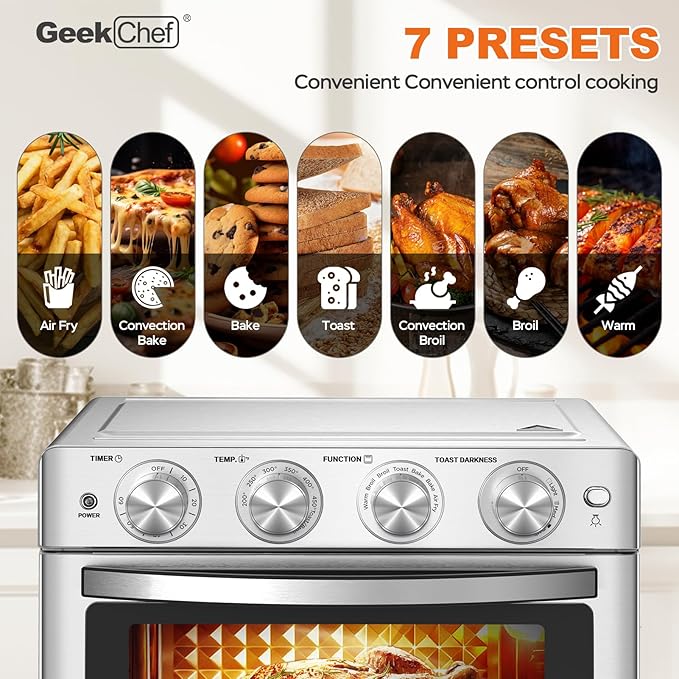 Geek Chef 26 QT Air Fryer Oven, Big Air Fryer, Toast Oven with Bake, Roast, Pizza, Easy to Use & Clean, 6 Slice Toast, Stainless Steel-HomvellaHome