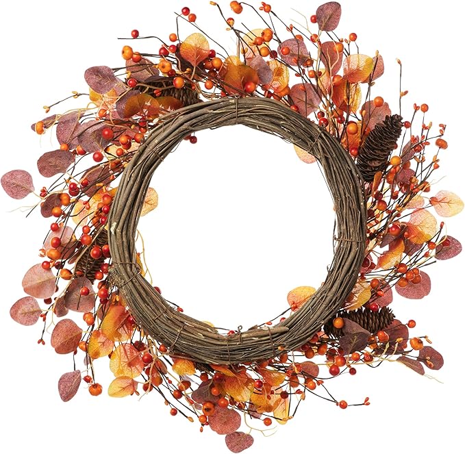 Glitzhome 22" D Fall Eucalyptus Berry Wreath, Artificial Wreaths Rustic Hanging Ornaments for Fall Front Door Wall Decor-HomvellaHome