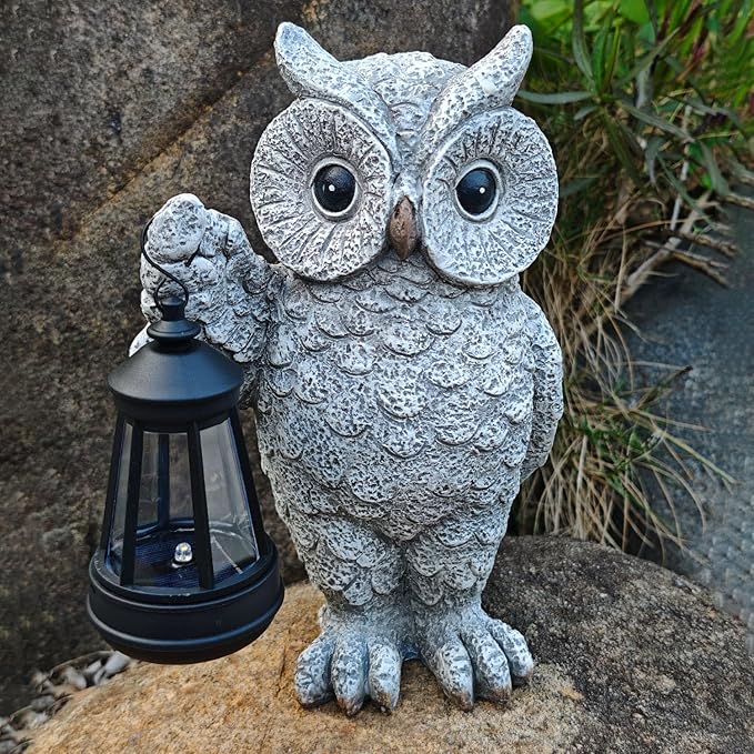 Garden Statues, owl Outdoor Figurines Decorated with Solar Lights, Unique Christmas Birthday Gifts for Moms, Grandmas, Women, Wives, Sisters (Grey Owl1)-HomvellaHome