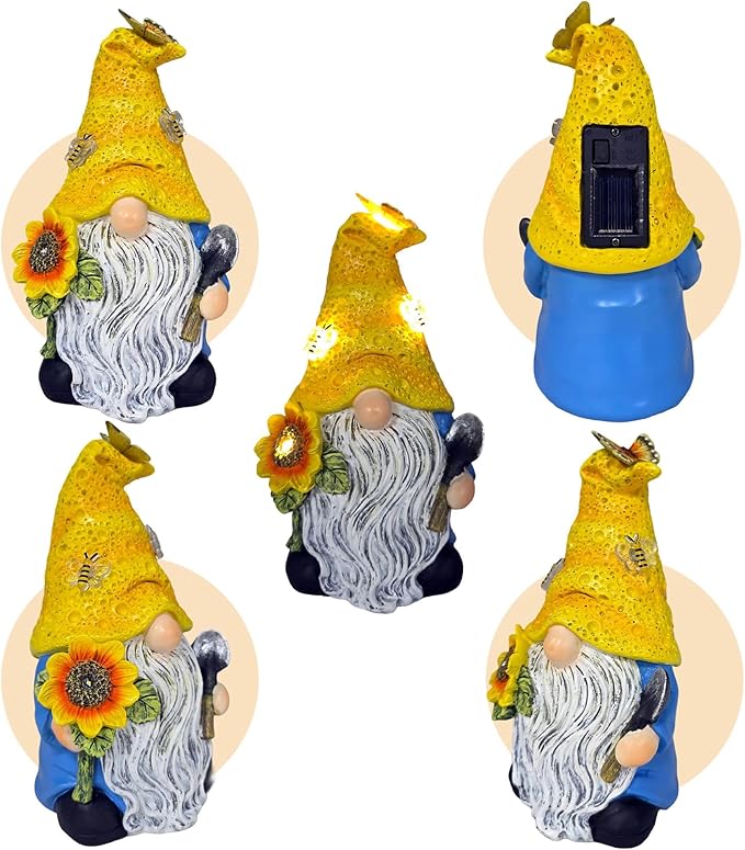 Garden Gnomes Outdoor Decor Solar Gnomes Statues with Butterfly Bee Sunflower Led Lighted Dwarf Outside Decorations for Yard Patio Lawn Ornaments Gifts for Women Mom-HomvellaHome