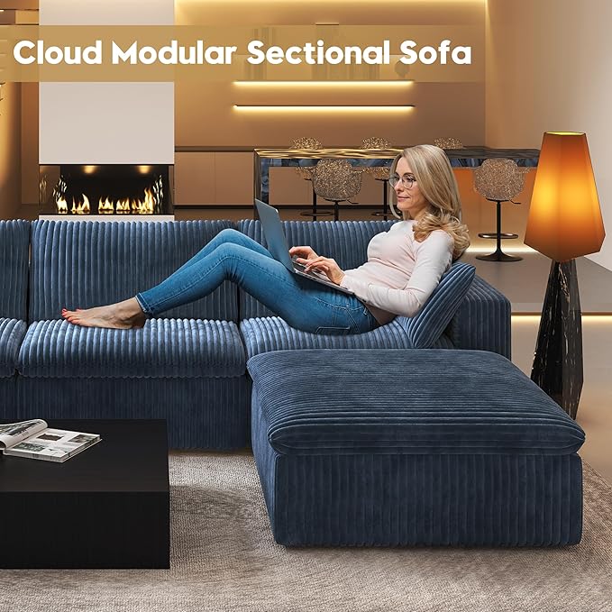 118" L Shaped Modern Sofa Modular Sectional Cloud Couch with Ottoman,Deep Seat Upholstered Couches with Plush Corduroy Fabric for Living Room Furniture,Bedroom and Apartment,No Assembly Required,Blue-HomvellaHome