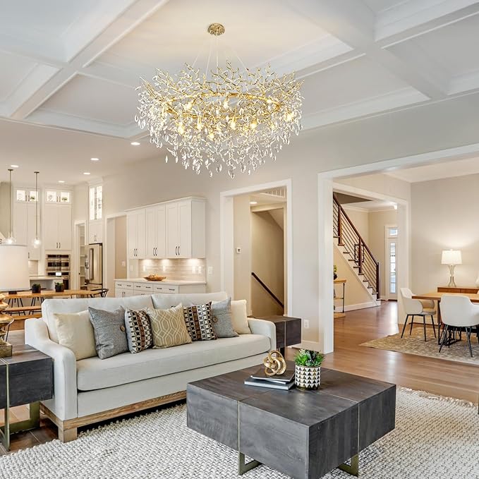 14-Light Modern Large Crystal Chandelier for Dining Room, 48" Round Gold Crystal Tree Branche Chandelier, Living Room Crystal Chandelier, Crystal Chandeliers for High Ceiling,Entryway,Foyer-HomvellaHome