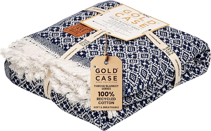 Gold Case Throw Blanket for Couch - 100% Recycled Turkish Cotton Blankets & Throws - Retro Soft Throw Blankets for Living Room Sofa - Boho Decorative Woven Throws for Couch - 60x80 - Navy Blue-HomvellaHome