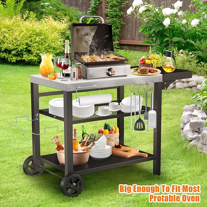Grill Cart, Outdoor Grill Table, Pizza Oven Stand, Three-Shelf BBQ Table, Movable Dining Cart with Drawer, Fits for Ninja Woodfire Grill, Blackstone Griddle,Tabletop Grill-HomvellaHome