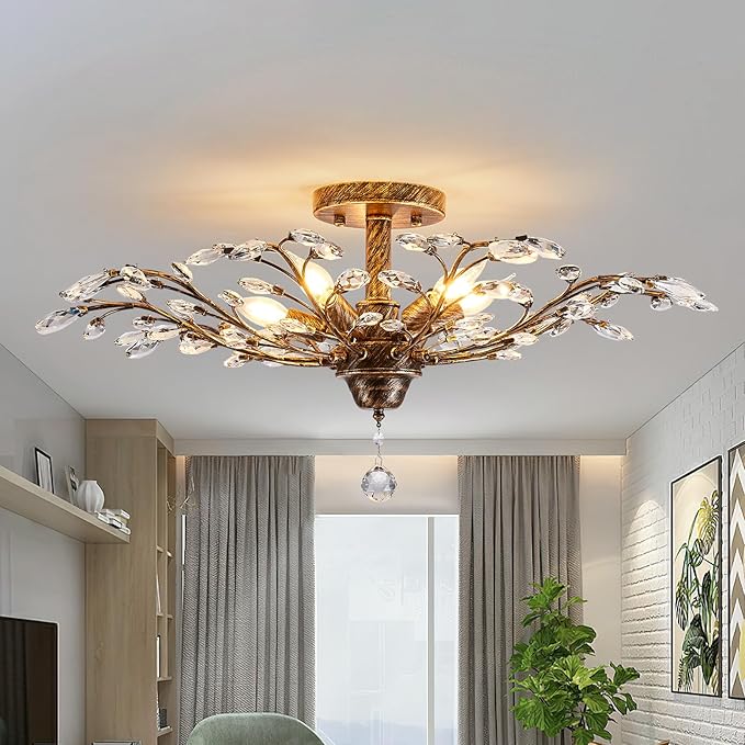 Ganeed Vintage Crystal Chandelier, Modern Bronze Branches Ceiling Light Fixture with 5-Light Heads for Farmhouse Living Room Dinning Room Kitchen Over Table Hallway-HomvellaHome