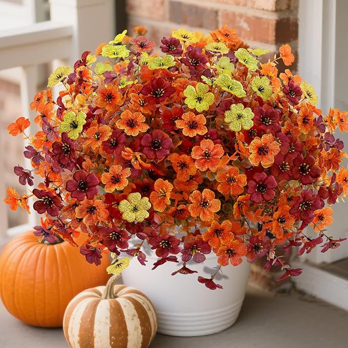 12 Bundles Artificial Fall Flowers Faux Mums for Outdoor Indoor, Artificial Plants Daisy Faux Plants Fake Mums for Fall Decor Pots Patio Garden Porch Autumn (Orange，Brown，Yellow) (12)-HomvellaHome