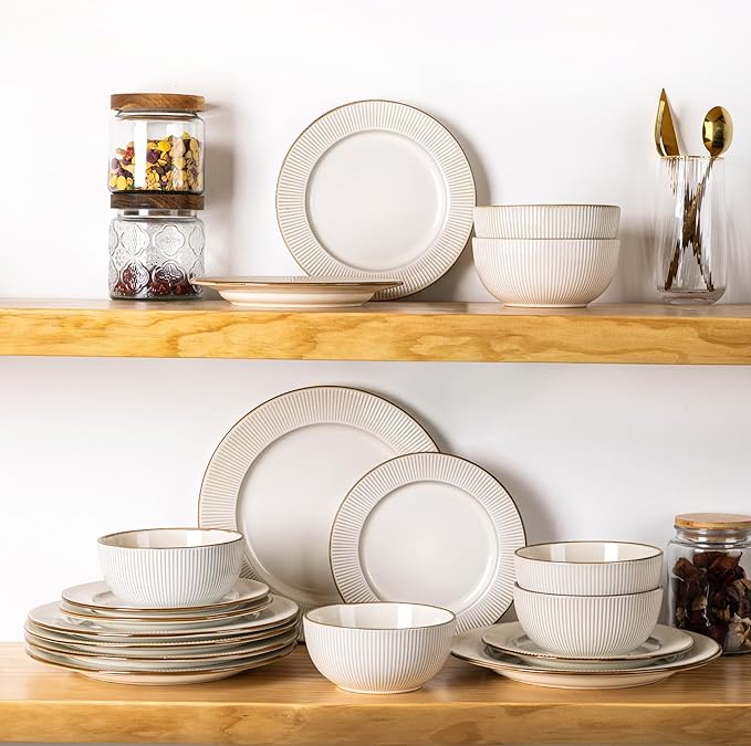 GBHOME Ceramic Dinnerware Sets,18 pcs Embossed Elegant Stoneware Plates and Bowls Sets, Housewarming Wedding Gift | Dishwasher & Microwave Safe | Dishes Set Service for 6-HomvellaHome