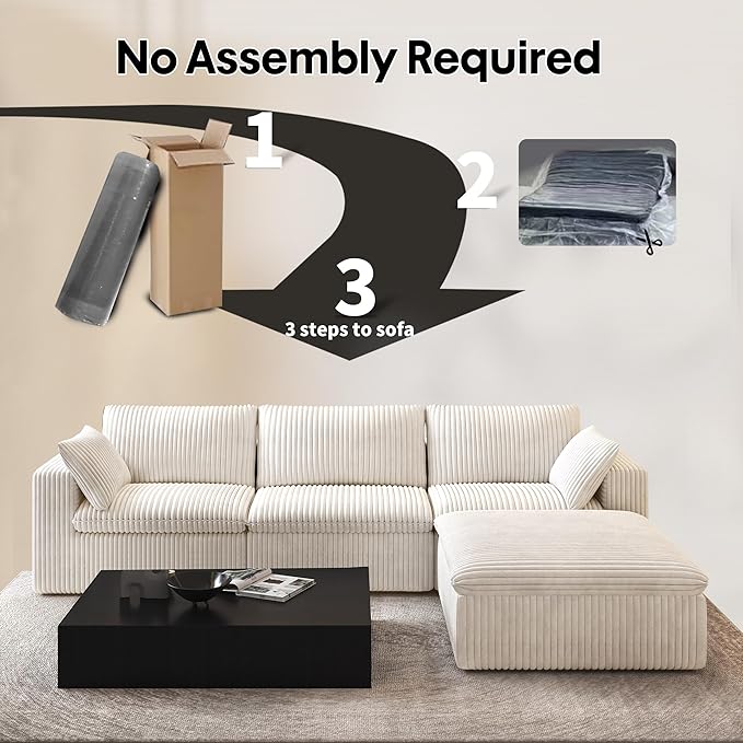 118" L Shaped Modern Sofa Modular Sectional Cloud Couch with Ottoman,Deep Seat Upholstered Couches with Plush Corduroy Fabric for Living Room Furniture,Bedroom and Apartment,No Assembly Required,White-HomvellaHome