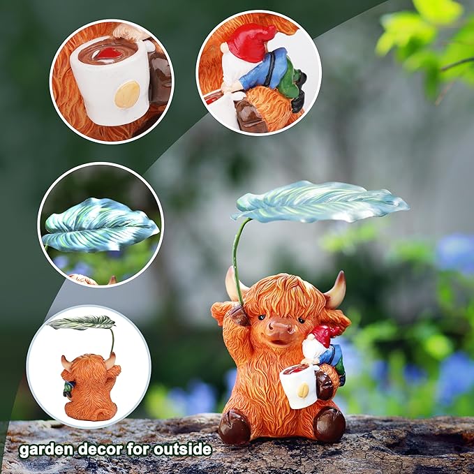 Garden Gnome with Highland Cattle 6.5“ Figurine Ornament for Indoor Outdoor Home Patio Yard Lawn, Red Hat, Blue Outfit, Indoor Outdoor Decorative Statue-HomvellaHome