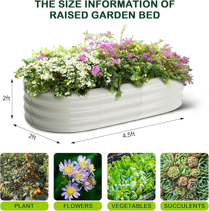 2 Pcs 4.5x2x2ft Oval Raised Garden Bed, Galvanized Raised Beds,Open-Ended Base Metal Raised Planter Beds,Garden Bed Outdoor,Planter Raised Boxes for Vegetables, Flowers,Tool-Free Asse,White-HomvellaHome