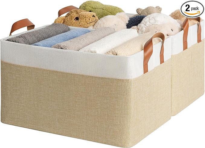 GRANNY SAYS Storage Baskets for Shelves, Closet Organizer Bins, Clothes Storage Bins with Metal Frame, Extra Large Baskets for Organizing and Storage, Collapsible, Khaki, 2-Pack-HomvellaHome
