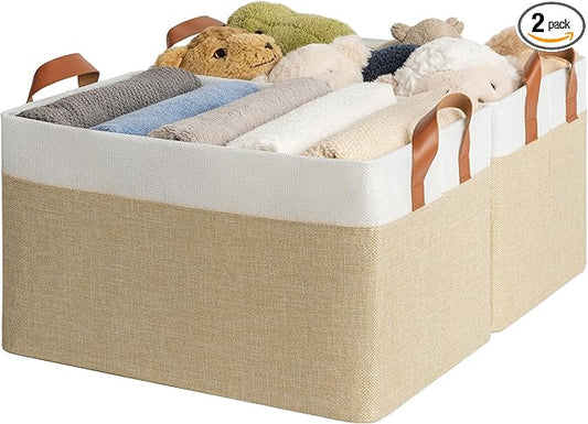 GRANNY SAYS Storage Baskets for Shelves, Closet Organizer Bins, Clothes Storage Bins with Metal Frame, Extra Large Baskets for Organizing and Storage, Collapsible, Khaki, 2-Pack-HomvellaHome