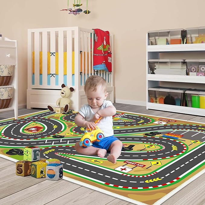 Kids Rug Play mat Playroom Rugs Car Rugs for Kids Toy Cars Race Track for Classroom Rug (Race-Brown, 5.2x7.9ft)-HomvellaHome