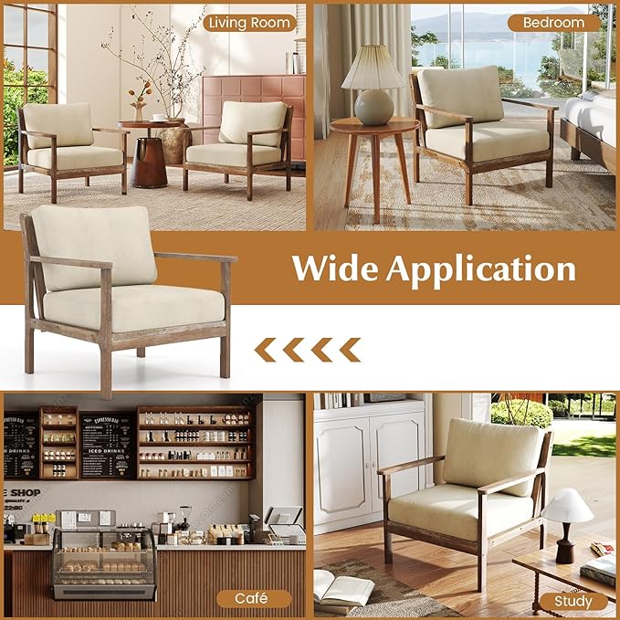 Giantex Mid Century Modern Accent Chair, Wooden Arm Chair w/Solid Wood Frame, Removable Seat Cushion & Pillow, Vintage Comfy Reading Chair for Living Room, Bedroom, Study-HomvellaHome