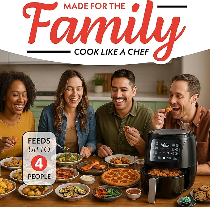 Gourmia Air Fryer Oven Digital Display 4 Quart Large AirFryer Cooker 12 1-Touch Cooking Presets, Black and Stainless Steel Accents Fry Force GAF486-HomvellaHome