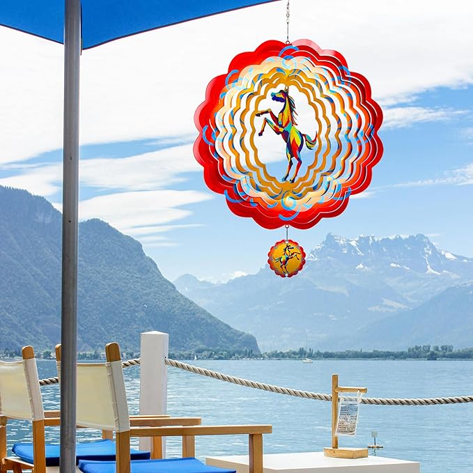 12 inch Horse 3D Stainless Steel Wind Spinners, Hanging Garden Spinner Kinetic Art Garden Decorations, Reflective Wind Sculpture for Indoor/Outdoor Decor-HomvellaHome