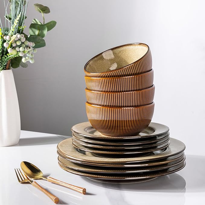 GBHOME Ceramic Dinnerware Sets,12 pcs Embossed Elegant Stoneware Plates and Bowls Sets, Housewarming Wedding Gift | Dishwasher & Microwave Safe | Dishes Set Service for 4-HomvellaHome