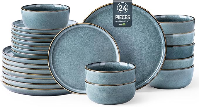 GBHOME Ceramic Dinnerware Sets for 8, 24 Pieces Stoneware Plates and Bowls Sets, Scratch Resistant Dishes, Dishwasher & Microwave Safe, Reactive Glaze-Space-HomvellaHome
