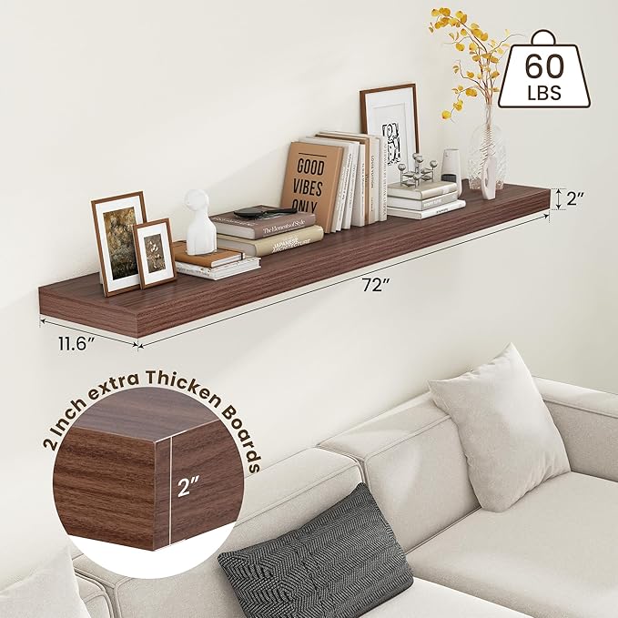 12 Inch Deep Floating Shelves for Wall | 72W x 12D Floating Shelves Set of 1 | Rustic Walnut Long Floating Shelves for Living Room Bathroom Laundry Room Bedroom Kitchen Home Office-HomvellaHome