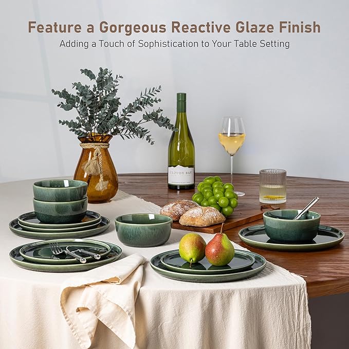 GBHOME Ceramic Dinnerware Sets for 6, 18 Pieces Stoneware Plates and Bowls Sets, Reactive Glaze Dishes -Scratch Resistant, Dishwasher&Microwave Safe, Earth Green-HomvellaHome