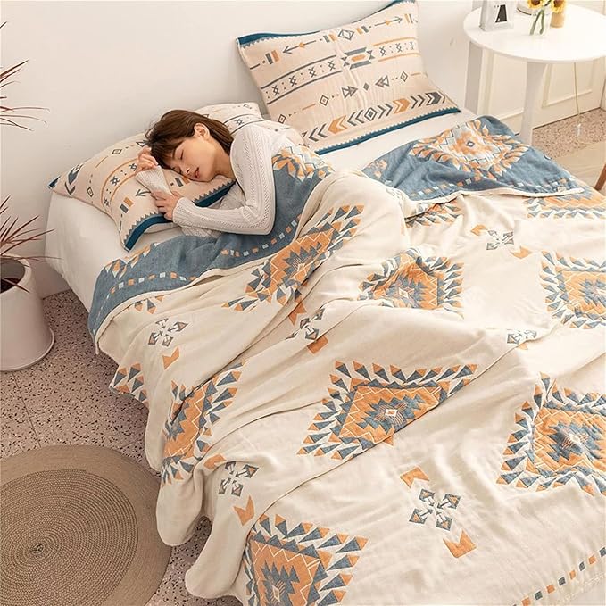 100% Cotton Throw Blankets for Couch Bed Chair Sofa,Cotton Quilt Throw Woven Boho Bed Blankets,Versatile Knit Woven Super Soft Decorative Blanket for Women,80''Wx 90''L-HomvellaHome