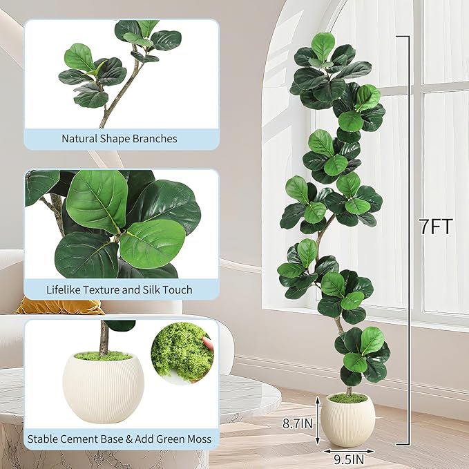 GarveeHome Fiddle Leaf Fig Artificial Tree with White Planter,7ft Faux Plants Indoor with Moss, Fake Rubber Tall Fake Floor Plant in Pot - Artificial Trees for Home Office Living Room Decor-HomvellaHome