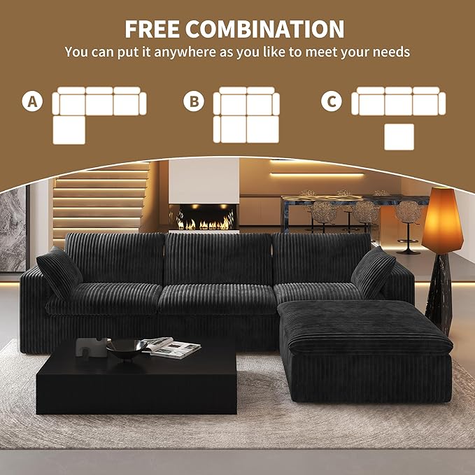 118" L Shaped Modern Sofa Modular Sectional Cloud Couch with Ottoman,Deep Seat Upholstered Couches with Plush Corduroy Fabric for Living Room Furniture,Bedroom and Apartment,No Assembly Required,Black-HomvellaHome