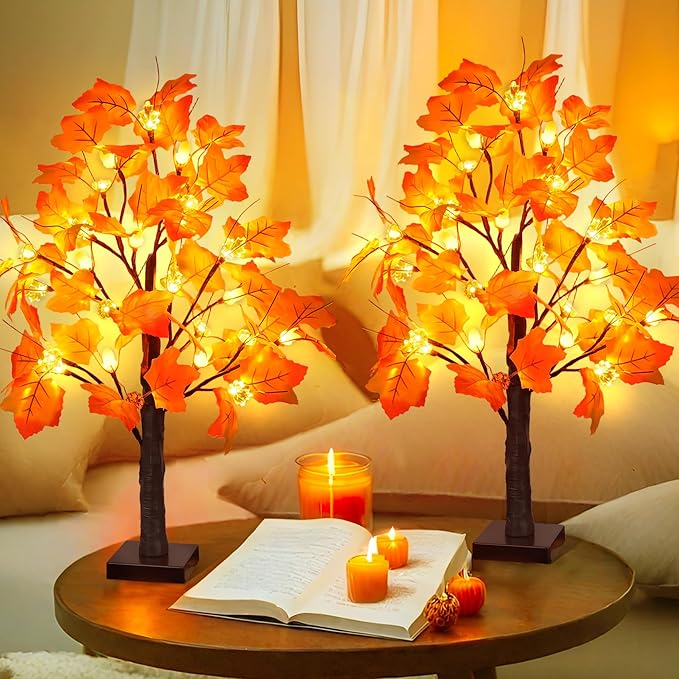 2 Pack 24 Inch Prelit Fall Maple Tree Fall Decor with 48 LED Timer Battery Operated Artificial Fall Light Up Tree Pumpkin Maple Acorn for Fall Thanksgiving Decorations Table Home Indoor Autumn Harvest-HomvellaHome