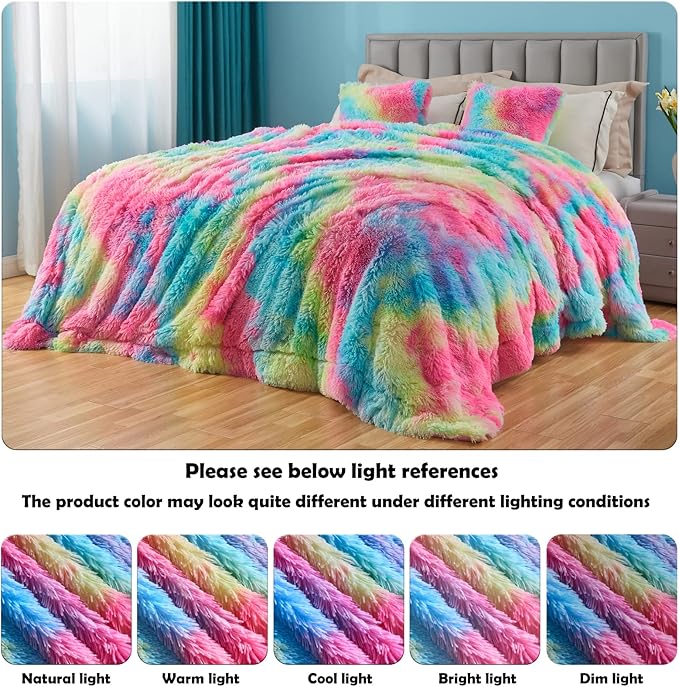 GONAAP Fuzzy Faux Fur Throw Blanket Queen Size Dark Rainbow Super Soft Cozy Plush Fuzzy Shaggy Blanket for Couch Sofa Bed (Dark Rainbow, Queen(90"x90"))-HomvellaHome