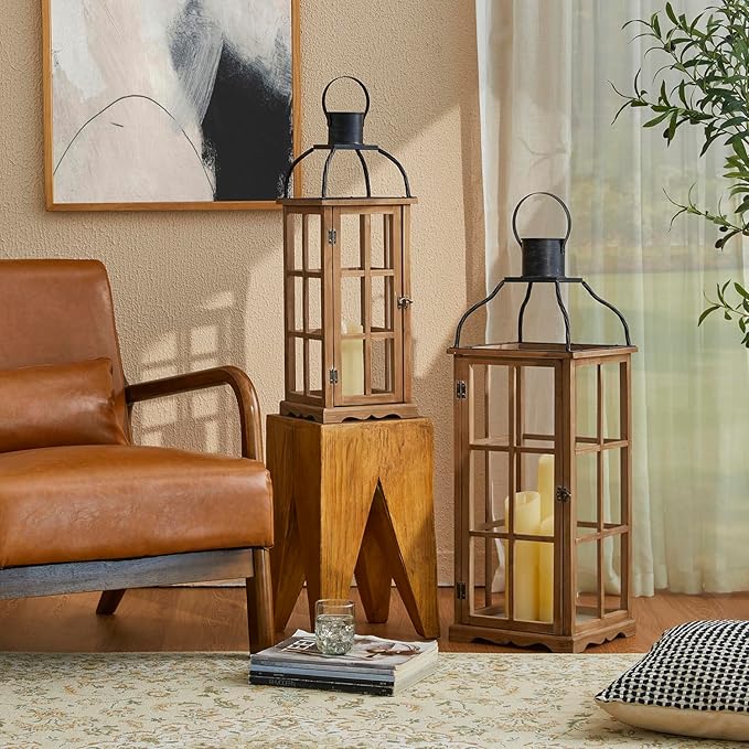 Glitzhome Set of 2 Oversized Farmhouse Wood Lanterns with Metal Top Decorative Hanging Candle Lanterns for Home Décor, Natural (No Glass)-HomvellaHome