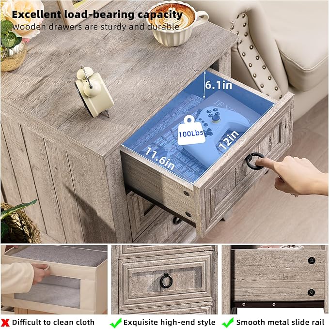 18" Farmhouse Night Stand with 3 Drawers, Wood End Table Dresser for Bedroom, Retro Oak Nightstand, Bed Side Table with Metal Handle, Bedside Cabinet for Bedroom Living Room, Closet-HomvellaHome