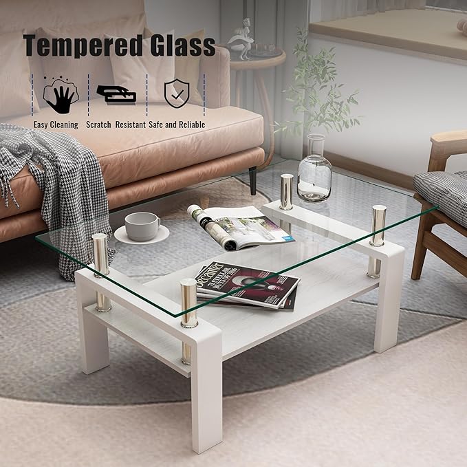 Glass Coffee Table Rectangle Living Room Center Table, with Transparent Tempered Glass Tabletop and White MDF Layer,for Living Room and Office, Transparent +White-HomvellaHome