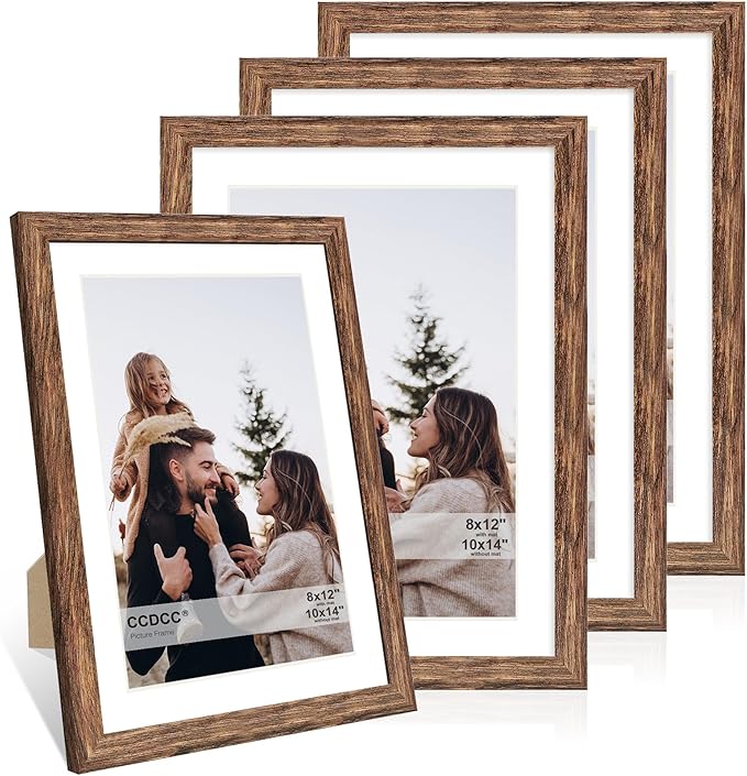 10x14 Picture Frame Set of 4, 10 x 14 Wood Photo Frames with Mat for 8x12 or 30x40cm Diamond Painting Art, Wooden Frame with Real Glass Cover for Wall and Tabletop Display,Rustic Brown-HomvellaHome