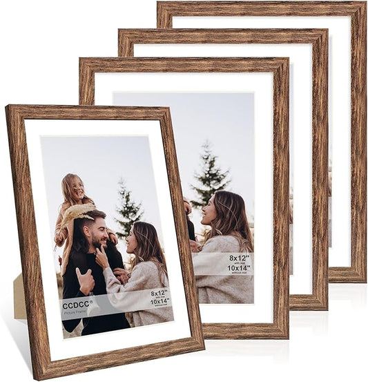 10x14 Picture Frame Set of 4, 10 x 14 Wood Photo Frames with Mat for 8x12 or 30x40cm Diamond Painting Art, Wooden Frame with Real Glass Cover for Wall and Tabletop Display,Rustic Brown-HomvellaHome