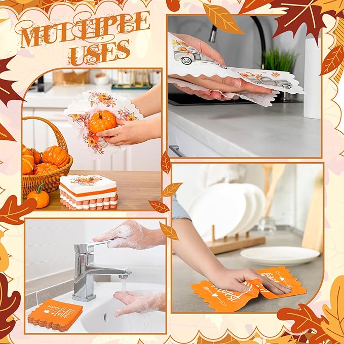 150 Pcs 5 x 5 Inches Fall Thanksgiving Paper Napkins Autumn Pumpkin Scalloped Cocktail Napkins for Decoupage Disposable Autumn Harvest Party Supply Bathroom Table Dessert Dinner Wedding Decor-HomvellaHome