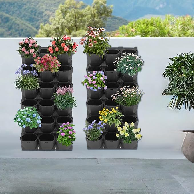 12Pieces 3-Pot Wall Planter Vertical Garden Plant Walls Wall Mounted Vertical Planter with Water-Storage Layer Stackable Wall-Mounted Flower Pot for Gardens, Balconies 180.78lbs Total Capacity (Black)-HomvellaHome
