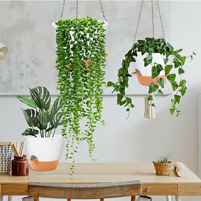 GARDIFE Hanging Planter, 10 inch Hanging planters for Indoor. Outdoor Plants, Self Watering Plant Pot, 2 Pack Large self Watering Hanging Planter, White-HomvellaHome
