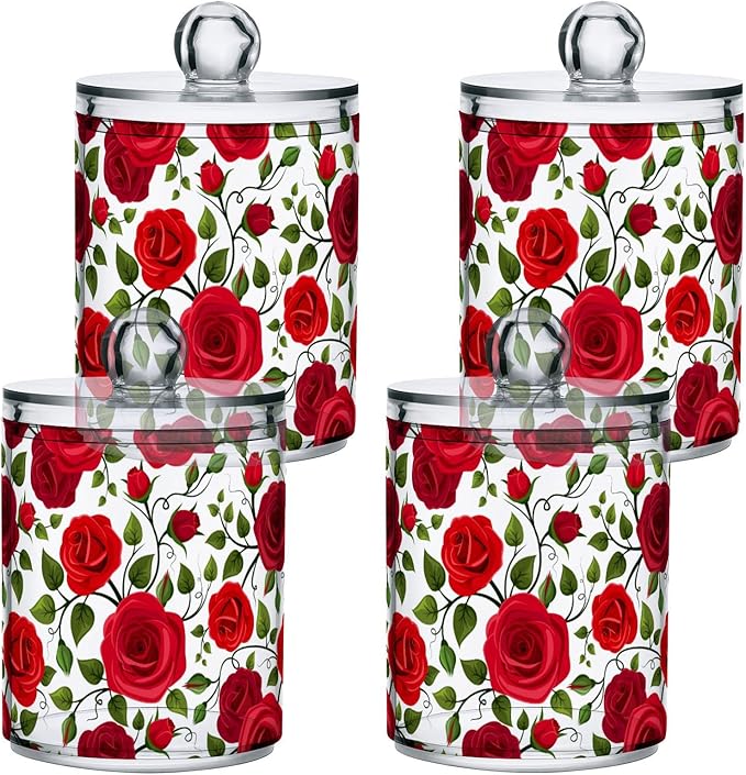 2 Pack Qtip Holder Dispenser Red Rose Flowers Bathroom Storage Canister Lid Acrylic Plastic Apothecary Jar Set Vanity Makeup Organizer for Cotton Swab/Ball/Round Pads, Floss-HomvellaHome