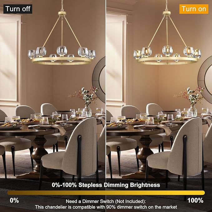 Gold Wagon Wheel Chandelier, 36 Inch Brass Chandeliers with Unique Glass Shade, 9-Light Crystal Farmhouse Wagon Wheel Chandeliers for Dining Room, Round Chandelier for Living Room, Foyer, Entryway-HomvellaHome