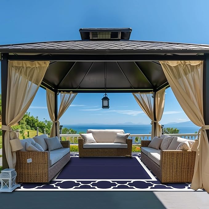 GENIMO 10 ' x 10 ' Outdoor Rug Waterproof for Patio Decor, Foldable Reversible Plastic Straw Area Rugs Mat for Camper, Outside Carpet for Rv, Deck, Porch, Picnic, Beach, Balcony, Blue & White-HomvellaHome