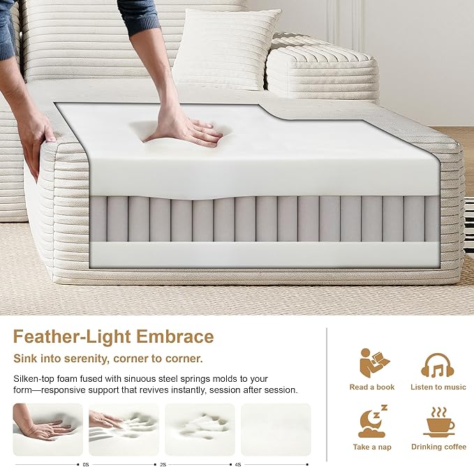 108" Sectional Couches for Living Room Modern Modular Sofa with L-Shape Couchs Upholstered Boneless Couch Deep Seat Sectional Couch with Chaise (White, Right Facing Chaise+2Seaters)-HomvellaHome