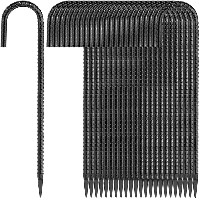 16 Inches 24-Pack J Hook Rebar Stakes Heavy Duty Tent Stakes with Chisel Point End, Steel Ground Anchors Metal Garden Stakes Chain Link Fence Stakes Black Coated-HomvellaHome