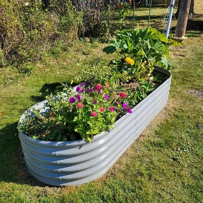 1 Pack 8x3x1.5FT Galvanized Raised Garden Bed Kit Oval Metal Ground Planter Box Outdoor Bottomless Planter Raised Beds for Vegetables Flowers Herbs Fruits, Gray-HomvellaHome