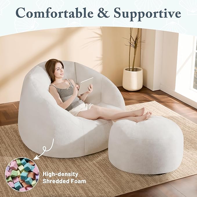 Giant Bean Bag Chaise Lounge Indoor Chair for Adults - Comfy Plush Round Shell Soft Accent Chair, Oversized Cozy Floor Sofa for Living Room, Bedroom & Game Rooms, Beige-HomvellaHome