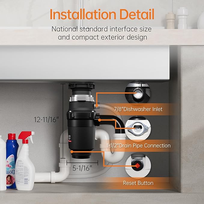 1/2 HP Garbage Disposals, TECASA Continuous Feed, Stainless Steel Food Waste Grinding System for Kitchen Sink Food Waste, Power Cord Included, Black - HyperCrush 50-HomvellaHome