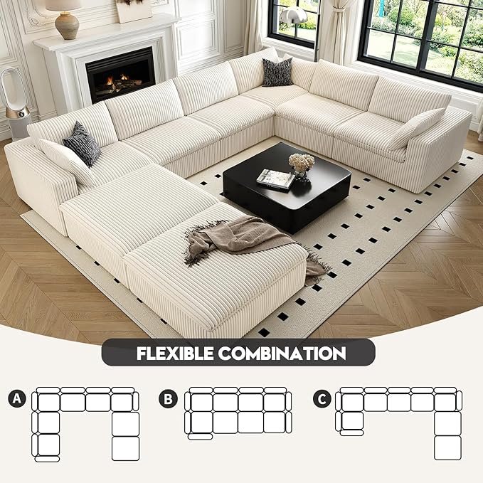 157.5" Cloud Couch Oversized Modular Sectional Sofa for Living Room,Modern Sofa with Deep Seat，8 Seater Boneless Couch with 2 Ottoman,Comfy Upholstered Couches for Apartment, Studio, Office,White-HomvellaHome